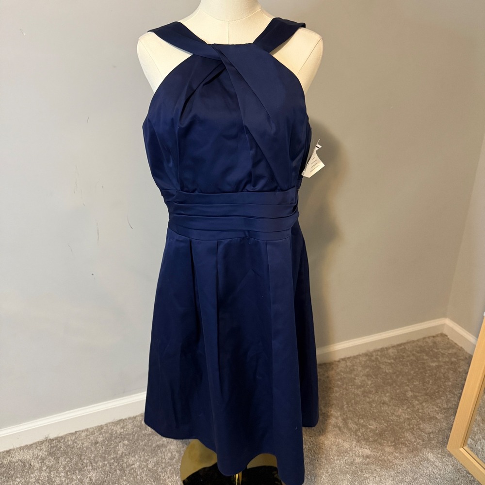 Davids Bridal Marine Navy Blue Cotton Sateen Y-Neck Halter Dress 83690 Size 14